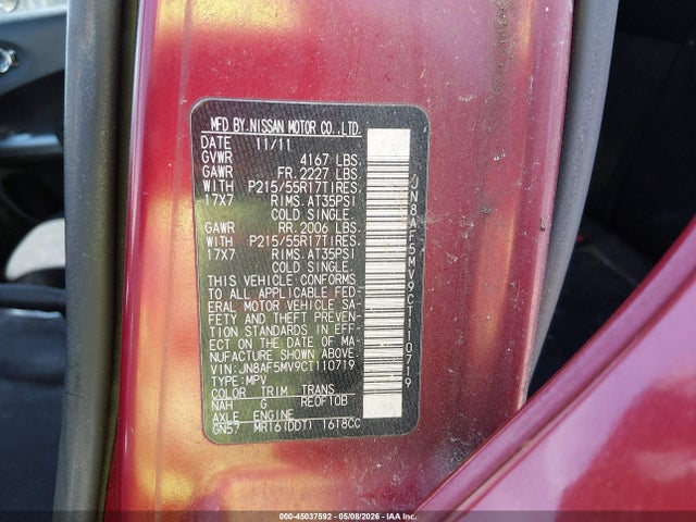 45037592 :رقم المزاد ، JN8AF5MV9CT110719 vin ، 2012 Nissan Juke S مزاد بيع