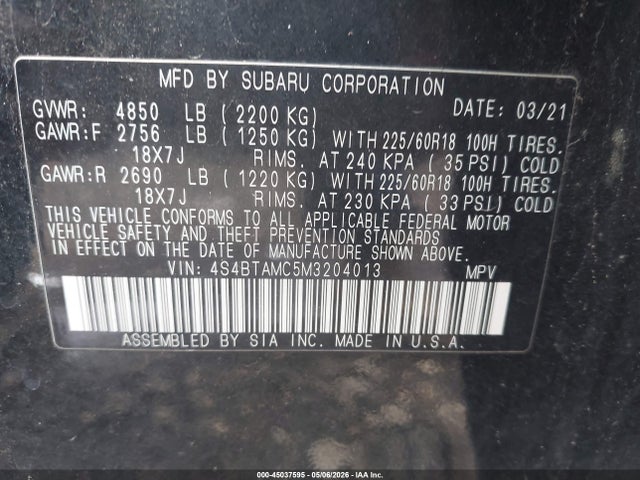 2021 Subaru Outback Limited მანქანა იყიდება აუქციონზე, vin: 4S4BTAMC5M3204013, აუქციონის ნომერი: 45037595