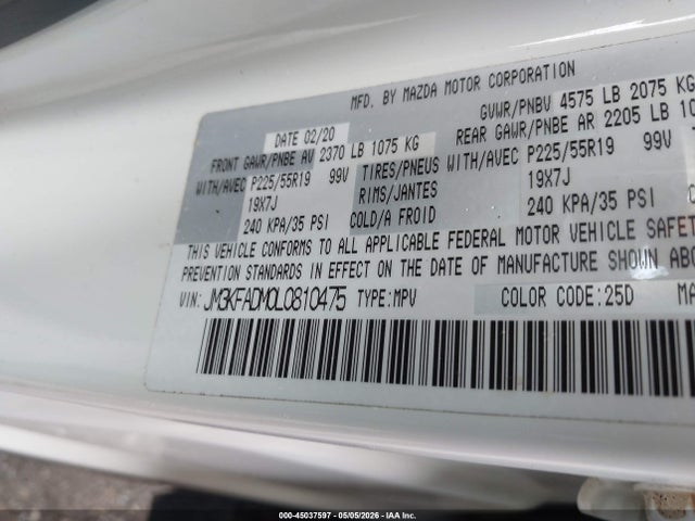 Aukcja sprzedaży 2020 Mazda Cx-5 Grand Touring, vin: JM3KFADM0L0810475, numer aukcji: 45037597