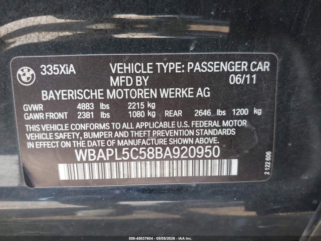 Продажа на аукционе авто 2011 Bmw 335i Xdrive, vin: WBAPL5C58BA920950, номер лота: 45037604