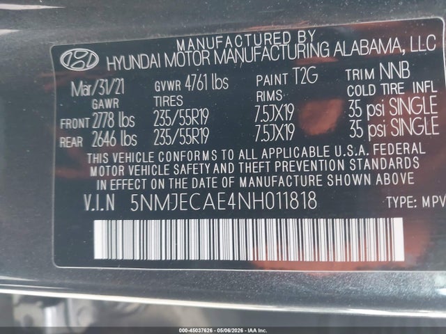 Aukcja sprzedaży 2022 Hyundai Tucson Limited, vin: 5NMJECAE4NH011818, numer aukcji: 45037626