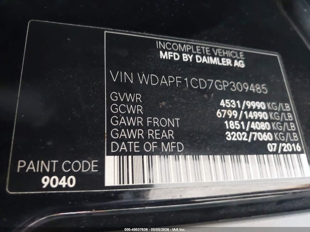 45037636 :رقم المزاد ، WDAPF1CD7GP309485 vin ، 2016 Mercedes-benz Sprinter 3500 مزاد بيع