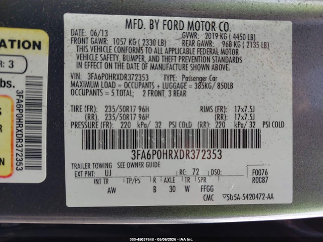 Aukcja sprzedaży 2013 Ford Fusion Se, vin: 3FA6P0HRXDR372353, numer aukcji: 45037648