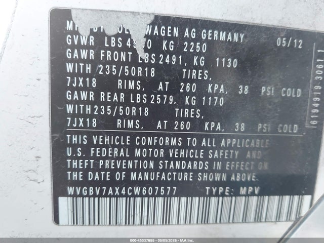 45037655 :رقم المزاد ، WVGBV7AX4CW607577 vin ، 2012 Volkswagen Tiguan Se مزاد بيع