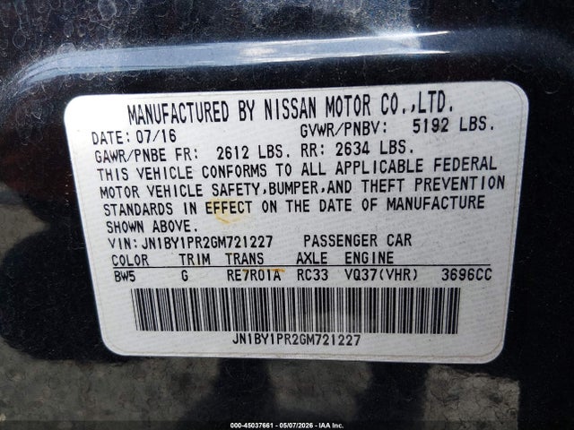 JN1BY1PR2GM721227 Infiniti Q70l 3.7x