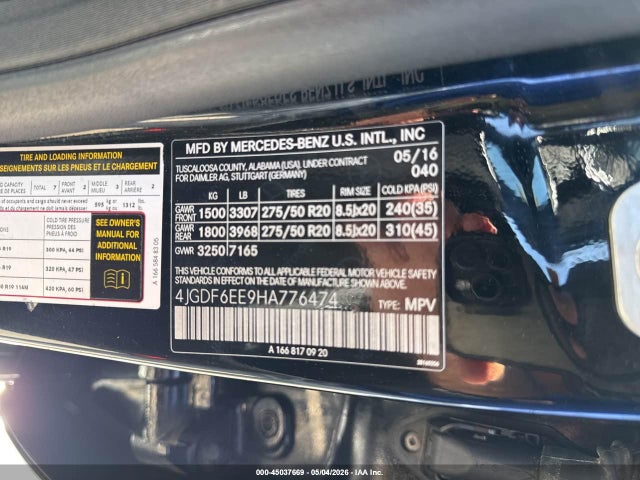 45037669 :رقم المزاد ، 4JGDF6EE9HA776474 vin ، 2017 Mercedes-benz Gls 450 4matic مزاد بيع