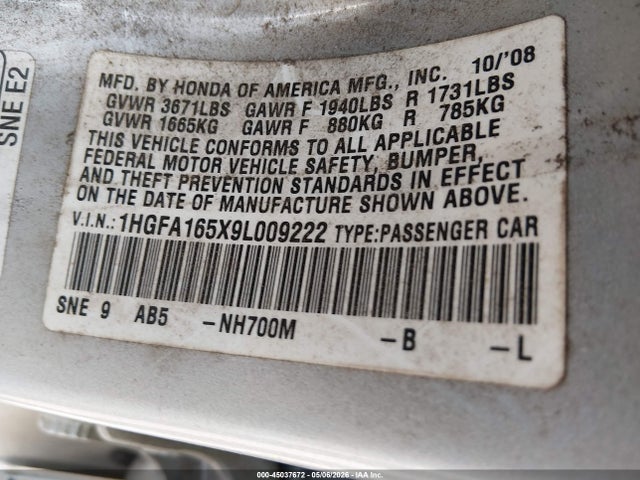 45037672 :رقم المزاد ، 1HGFA165X9L009222 vin ، 2009 Honda Civic Lx مزاد بيع