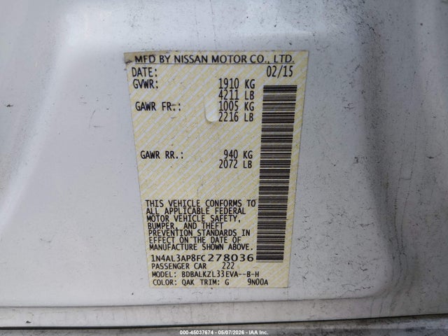 Aukcja sprzedaży 2015 Nissan Altima 2.5 Sv, vin: 1N4AL3AP8FC278036, numer aukcji: 45037674
