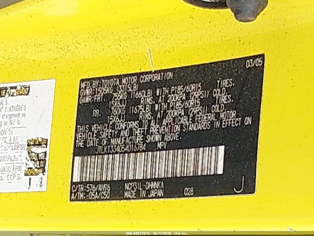 Aukcja sprzedaży 2005 Scion Xb, vin: JTLKT334054016784, numer aukcji: 45037676