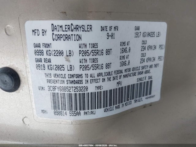 Auction sale of the 2002 Chrysler Pt Cruiser Limited, vin: 3C8FY68B52T253220, lot number: 45037694