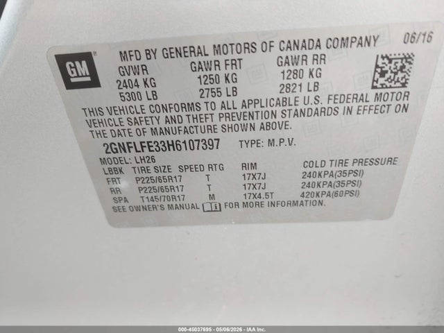 Продажа на аукционе авто 2017 Chevrolet Equinox Lt, vin: 2GNFLFE33H6107397, номер лота: 45037695