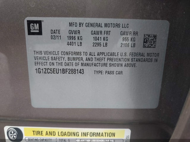 Aukcja sprzedaży 2011 Chevrolet Malibu 1lt, vin: 1G1ZC5EU1BF288143, numer aukcji: 45037698