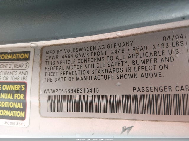 Aukcja sprzedaży 2004 Volkswagen Passat Gls Tdi, vin: WVWPE63B64E316415, numer aukcji: 45037705