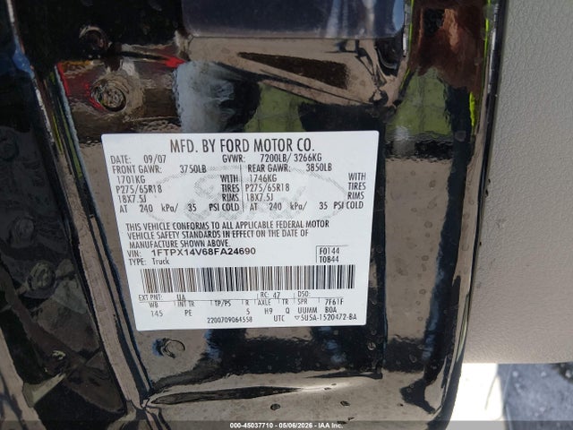2008 Ford F-150 Fx4/lariat/xl/xlt მანქანა იყიდება აუქციონზე, vin: 1FTPX14V68FA24690, აუქციონის ნომერი: 45037710