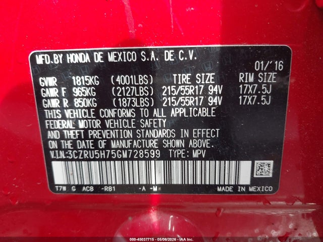 45037715 :رقم المزاد ، 3CZRU5H75GM728599 vin ، 2016 Honda Hr-v Ex-l مزاد بيع