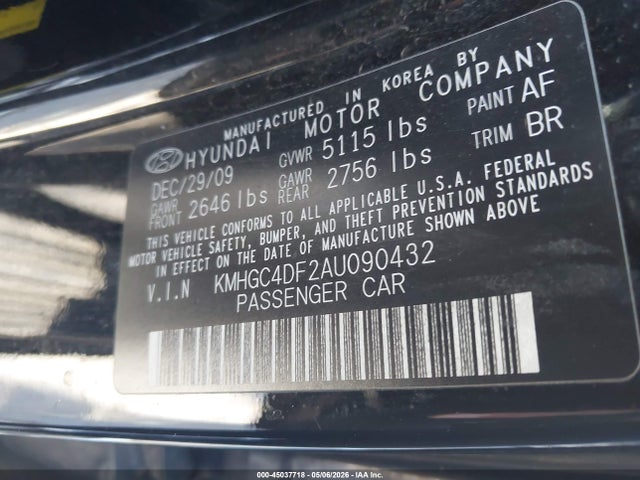 Продажа на аукционе авто 2010 Hyundai Genesis 4.6, vin: KMHGC4DF2AU090432, номер лота: 45037718