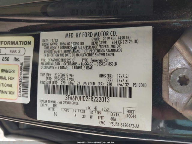 2014 Ford Fusion Se მანქანა იყიდება აუქციონზე, vin: 3FA6P0HD2ER232013, აუქციონის ნომერი: 45037719