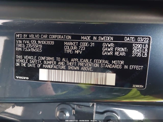 Auction sale of the 2022 Volvo Xc60 B5 Inscription, vin: YV4L12DL1N1063939, lot number: 45037722