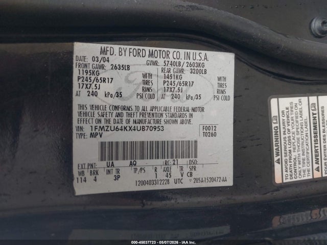 Продаж на аукціоні авто 2004 Ford Explorer Eddie Bauer, vin: 1FMZU64KX4UB70953, номер лоту: 45037723