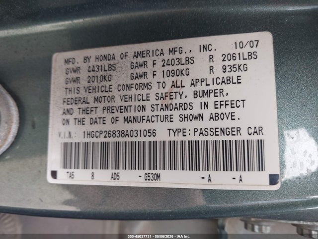 Aukcja sprzedaży 2008 Honda Accord 2.4 Ex-l, vin: 1HGCP26838A031056, numer aukcji: 45037731
