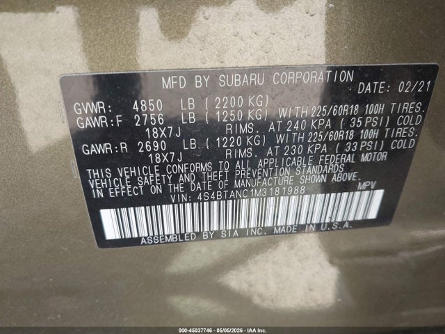 Aukcja sprzedaży 2021 Subaru Outback Limited, vin: 4S4BTANC1M3181988, numer aukcji: 45037746