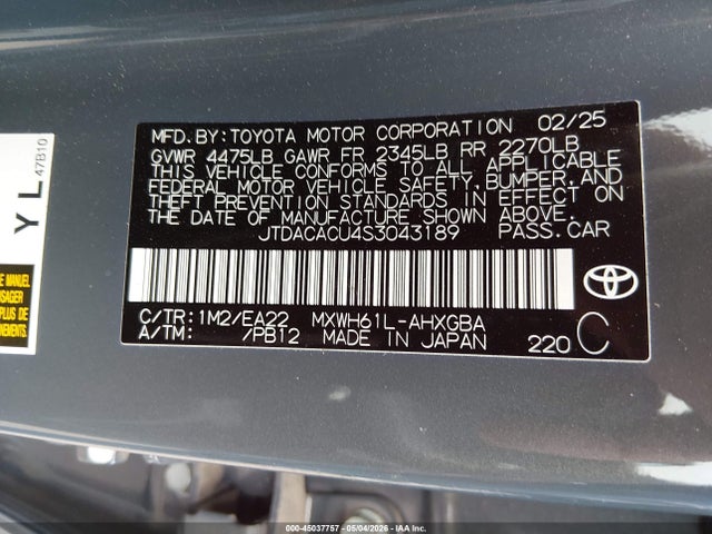 Продаж на аукціоні авто 2025 Toyota Prius Plug-in Hybrid Xse, vin: JTDACACU4S3043189, номер лоту: 45037757