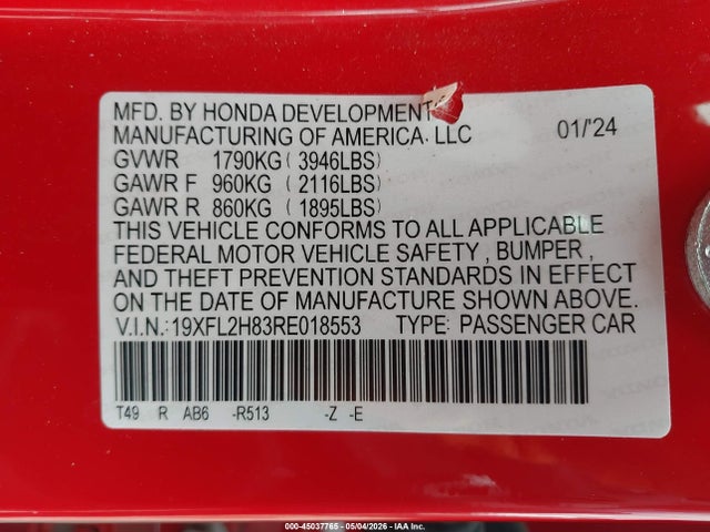 Продаж на аукціоні авто 2024 Honda Civic Sport, vin: 19XFL2H83RE018553, номер лоту: 45037765
