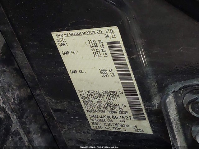 2011 Nissan Maxima 3.5 Sv მანქანა იყიდება აუქციონზე, vin: 1N4AA5AP2BC867627, აუქციონის ნომერი: 45037766