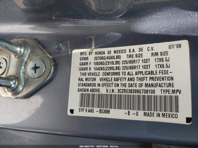 45037767 :رقم المزاد ، 3CZRE38399G708100 vin ، 2009 Honda Cr-v Lx مزاد بيع