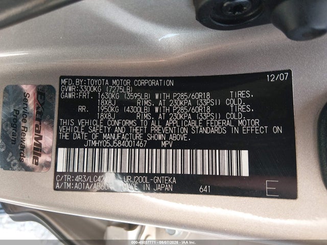 Aukcja sprzedaży 2008 Toyota Land Cruiser V8, vin: JTMHY05J584001467, numer aukcji: 45037771