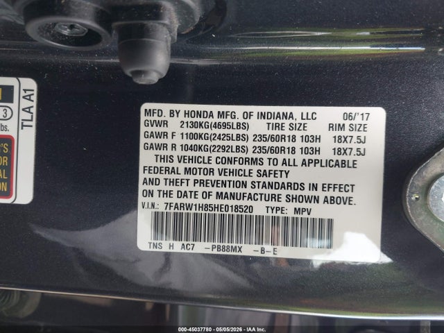 45037780 :رقم المزاد ، 7FARW1H85HE018520 vin ، 2017 Honda Cr-v Ex-l/ex-l Navi مزاد بيع