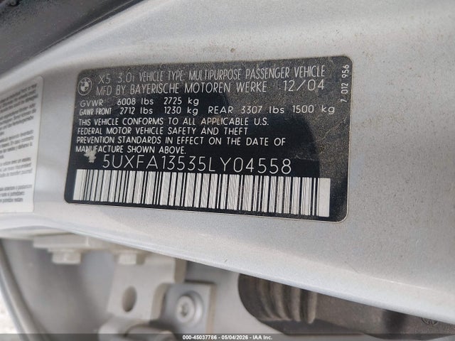 2005 Bmw X5 3.0i მანქანა იყიდება აუქციონზე, vin: 5UXFA13535LY04558, აუქციონის ნომერი: 45037786