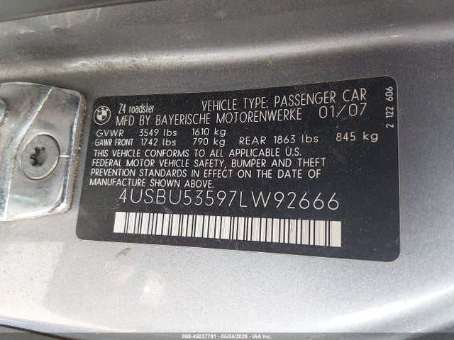 Продаж на аукціоні авто 2007 Bmw Z4 3.0si, vin: 4USBU53597LW92666, номер лоту: 45037791