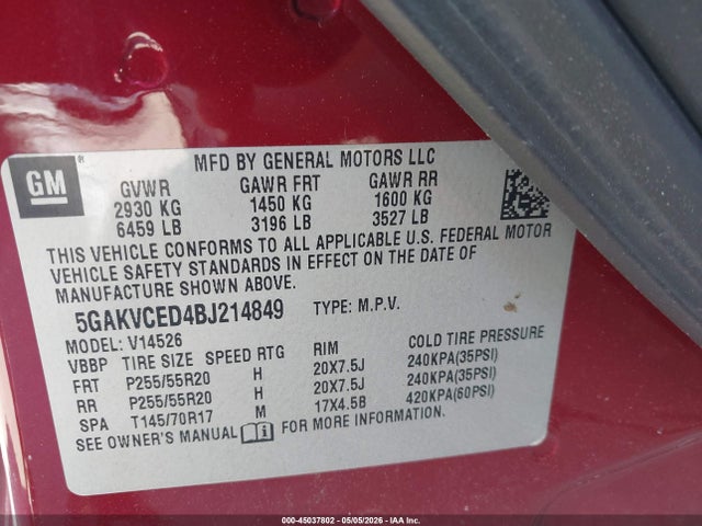 Aukcja sprzedaży 2011 Buick Enclave 2xl, vin: 5GAKVCED4BJ214849, numer aukcji: 45037802