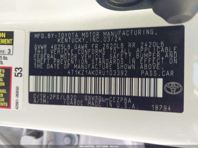4T1KZ1AK0RU103392 Toyota Camry Xse V6