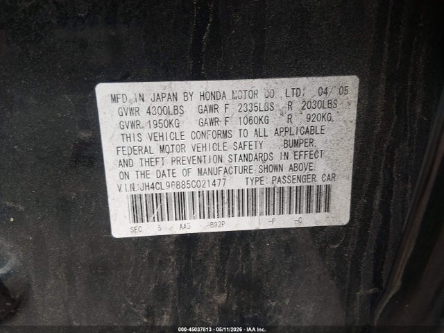 45037813 :رقم المزاد ، JH4CL96885C021477 vin ، 2005 Acura Tsx مزاد بيع
