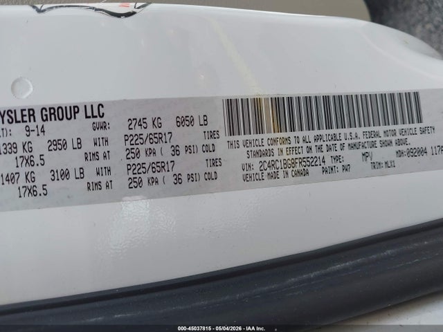 2015 Chrysler Town & Country Touring მანქანა იყიდება აუქციონზე, vin: 2C4RC1BG8FR552214, აუქციონის ნომერი: 45037815