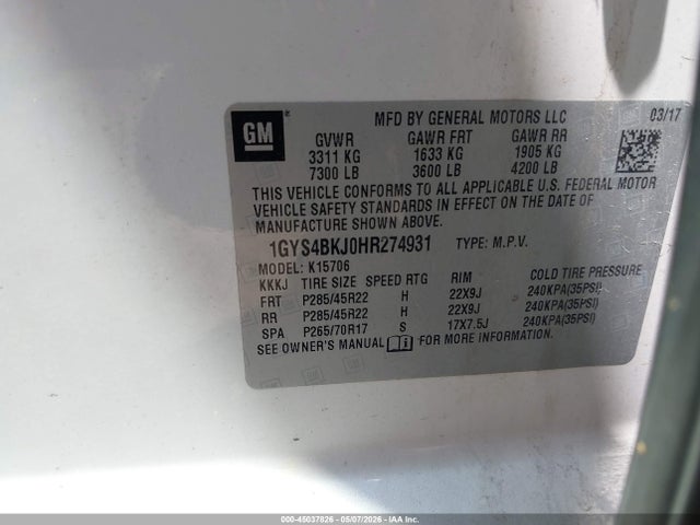 Продаж на аукціоні авто 2017 Cadillac Escalade Luxury, vin: 1GYS4BKJ0HR274931, номер лоту: 45037826
