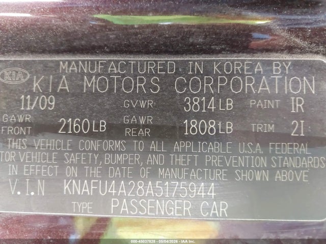 2010 Kia Forte Ex მანქანა იყიდება აუქციონზე, vin: KNAFU4A28A5175944, აუქციონის ნომერი: 45037828