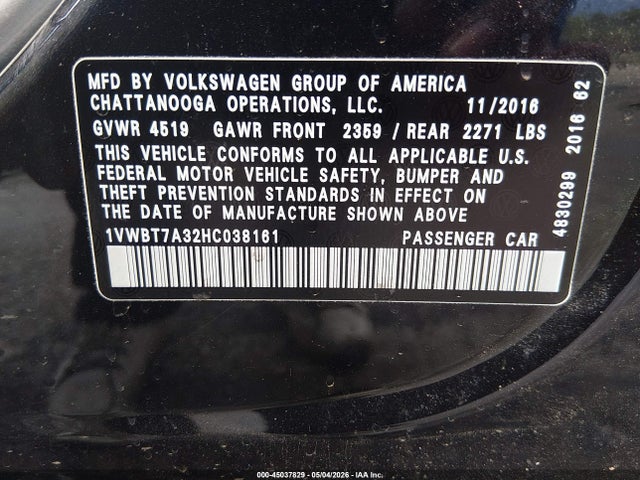 45037829 :رقم المزاد ، 1VWBT7A32HC038161 vin ، 2017 Volkswagen Passat 1.8t Se مزاد بيع