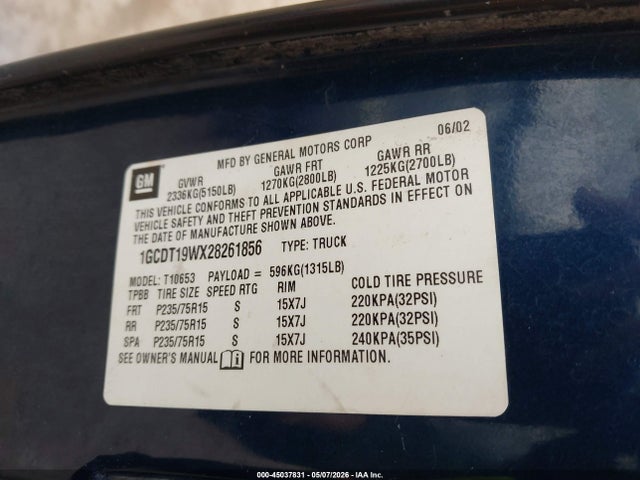 2002 Chevrolet S-10 Ls მანქანა იყიდება აუქციონზე, vin: 1GCDT19WX28261856, აუქციონის ნომერი: 45037831