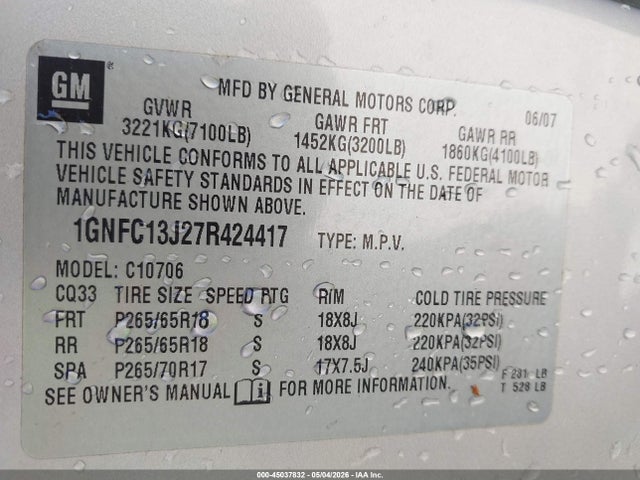 Продажа на аукционе авто 2007 Chevrolet Tahoe Lt, vin: 1GNFC13J27R424417, номер лота: 45037832
