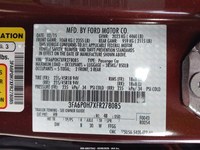 2015 Ford Fusion Se მანქანა იყიდება აუქციონზე, vin: 3FA6P0H7XFR278085, აუქციონის ნომერი: 45037842