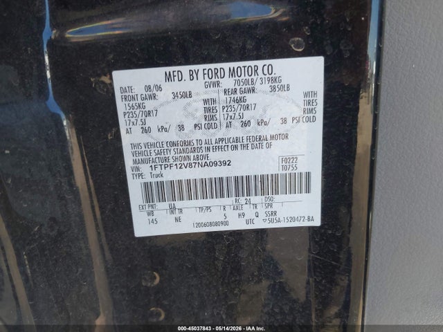 Продаж на аукціоні авто 2007 Ford F-150 Xl/xlt, vin: 1FTPF12V87NA09392, номер лоту: 45037843