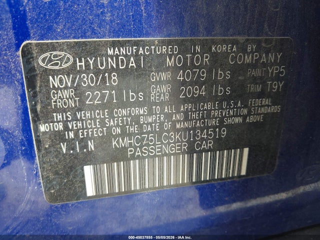 Продаж на аукціоні авто 2019 Hyundai Ioniq Hybrid Sel, vin: KMHC75LC3KU134519, номер лоту: 45037855