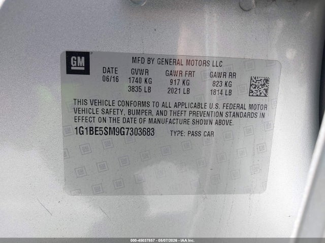 45037857 :رقم المزاد ، 1G1BE5SM9G7303683 vin ، 2016 Chevrolet Cruze Lt Auto مزاد بيع