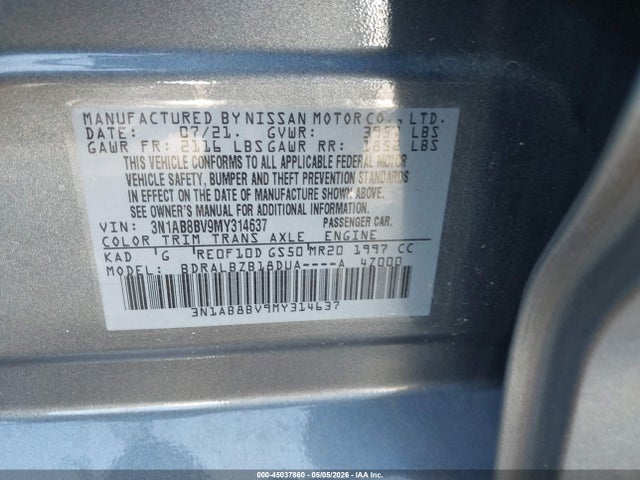 45037860 :رقم المزاد ، 3N1AB8BV9MY314637 vin ، 2021 Nissan Sentra S Xtronic Cvt مزاد بيع
