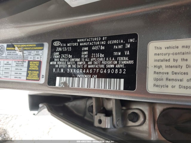 2015 Kia Optima Sxl Turbo მანქანა იყიდება აუქციონზე, vin: 5XXGR4A67FG490832, აუქციონის ნომერი: 45037863