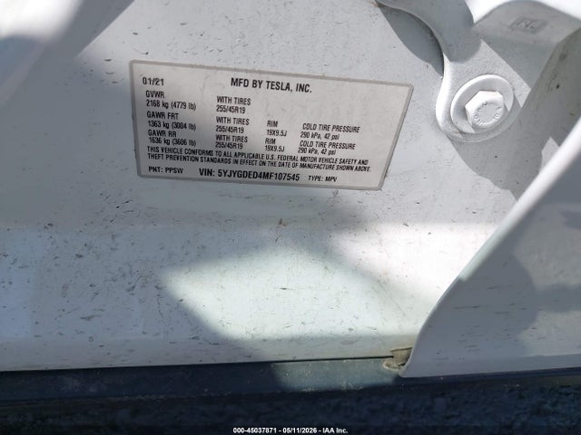 Продаж на аукціоні авто 2021 Tesla Model Y Standard Range Rear-wheel Drive, vin: 5YJYGDED4MF107545, номер лоту: 45037871