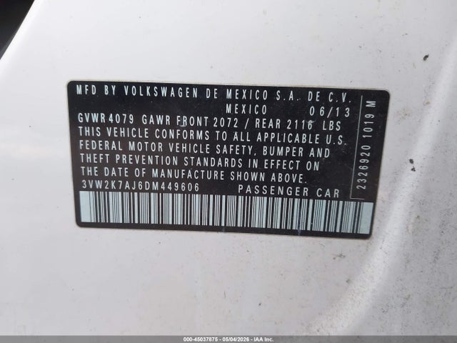 Aukcja sprzedaży 2013 Volkswagen Jetta 2.0l S, vin: 3VW2K7AJ6DM449606, numer aukcji: 45037875